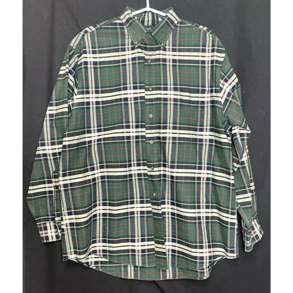 Lands End Blue Green Plaid Shirt Mens Size L Large 100% Cotton